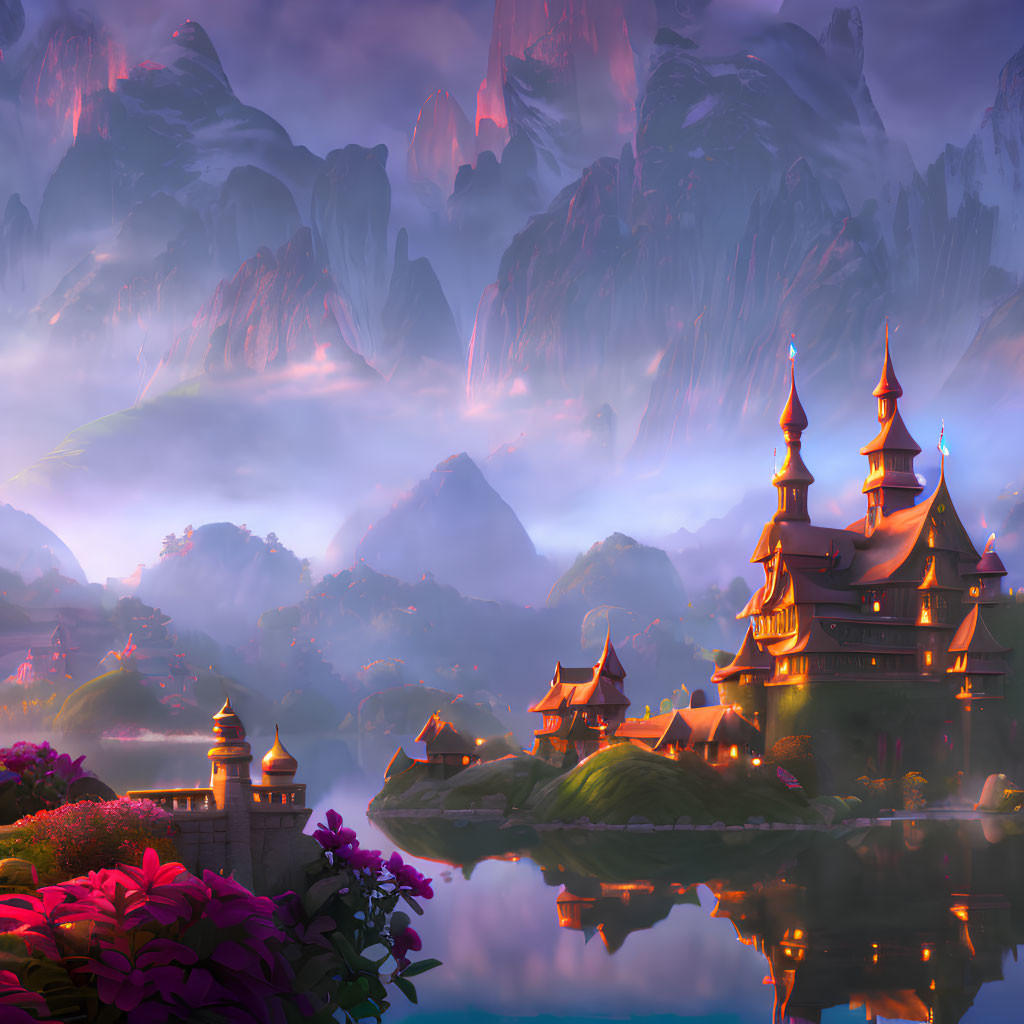 Tranquil fantasy landscape with pagoda near reflective lake & mountains at dawn or dusk