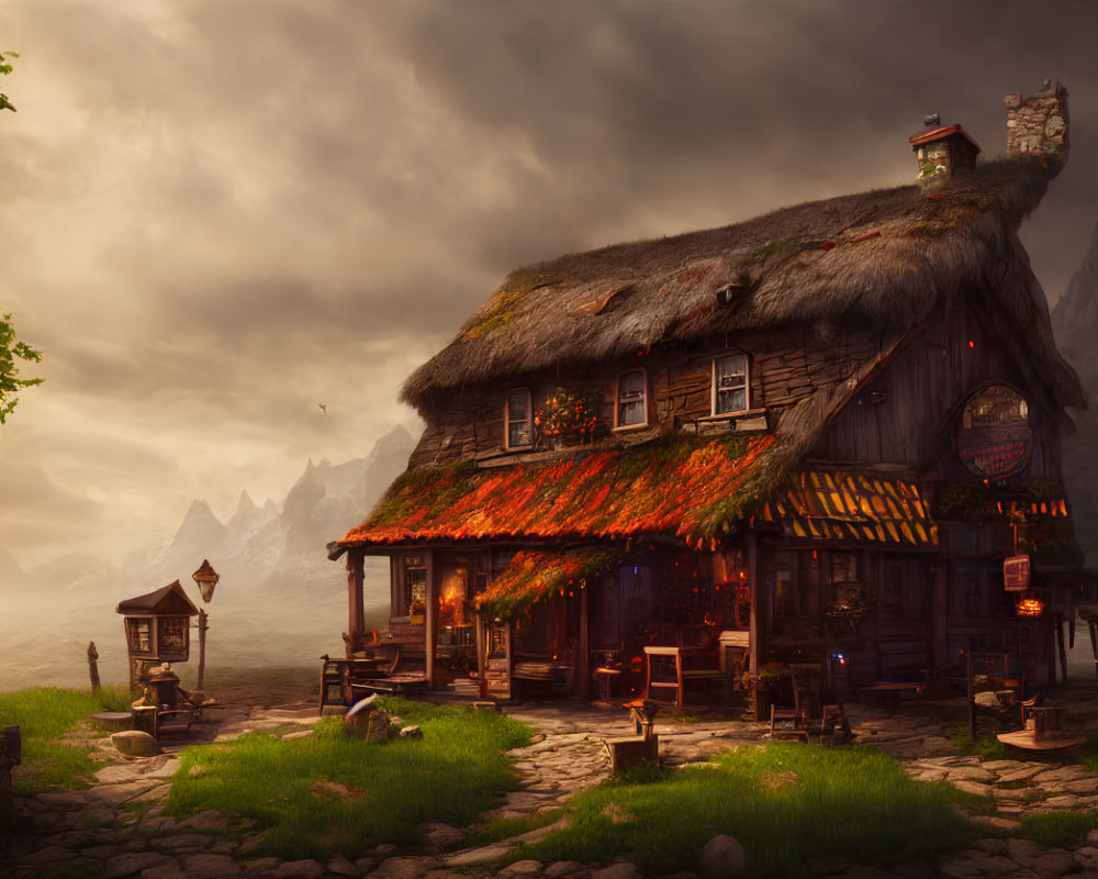 Thatched roof cottage in mystical landscape with mountains at dusk