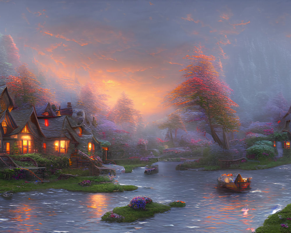 Fantasy landscape with cozy cottage, river, trees, lanterns, boat, and vivid sunset