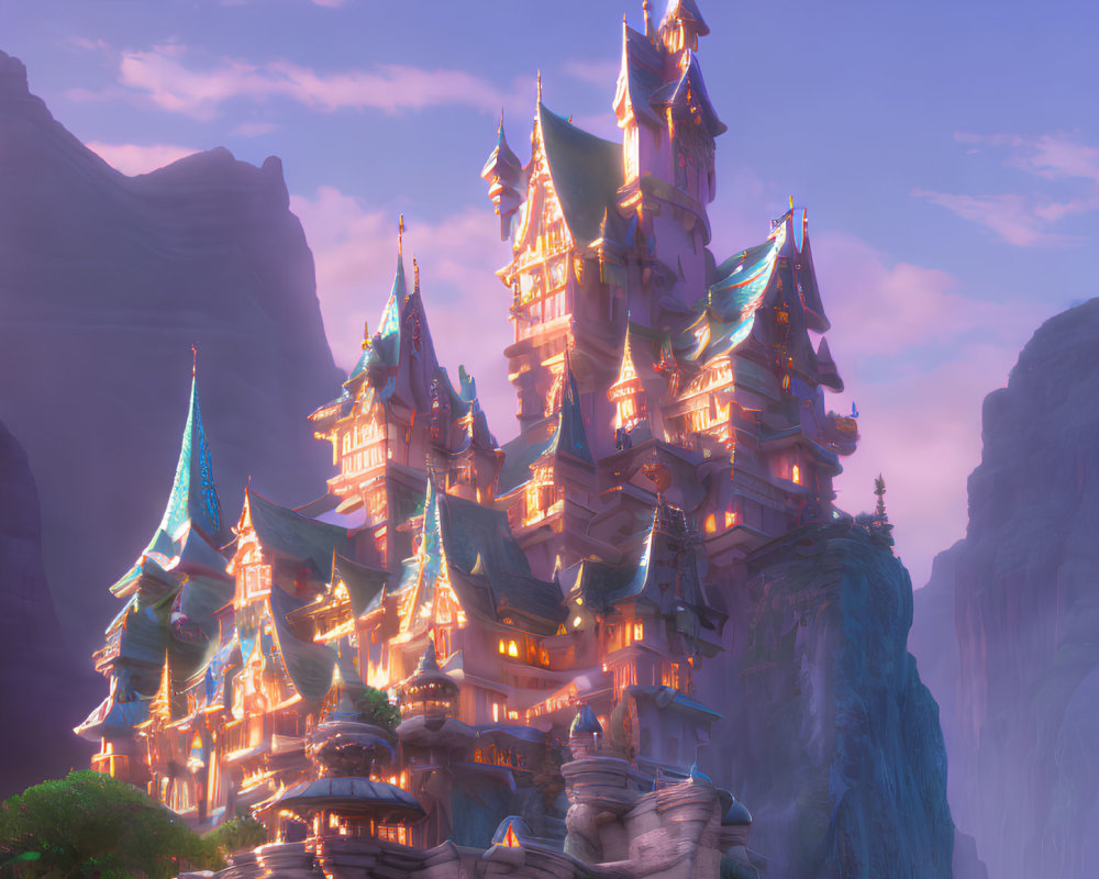 Fantastical illuminated castle on rocky cliff at twilight