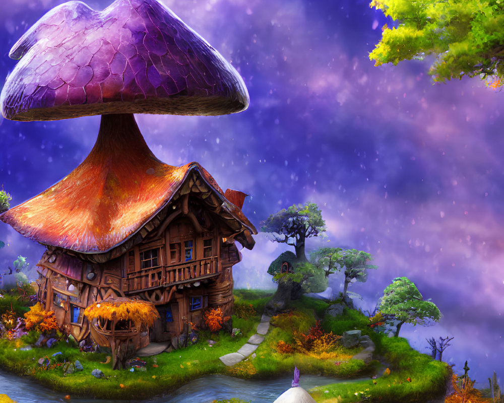 Fantasy landscape with mushroom house, vibrant flora, starry sky, and serene river