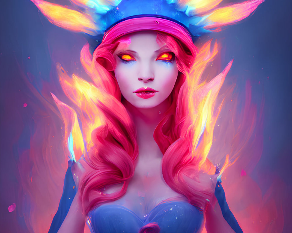 Colorful digital artwork: Woman with pink hair and fiery crown on blue backdrop