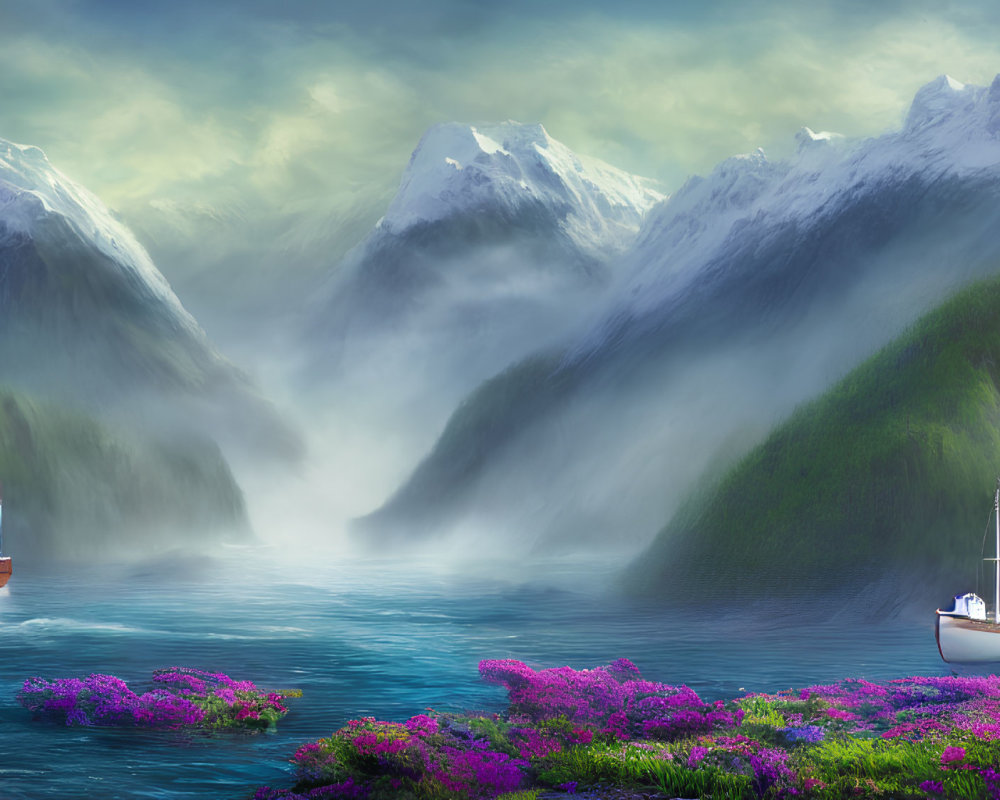 Tranquil landscape with purple flowers, misty mountains, river, and snow-capped peaks