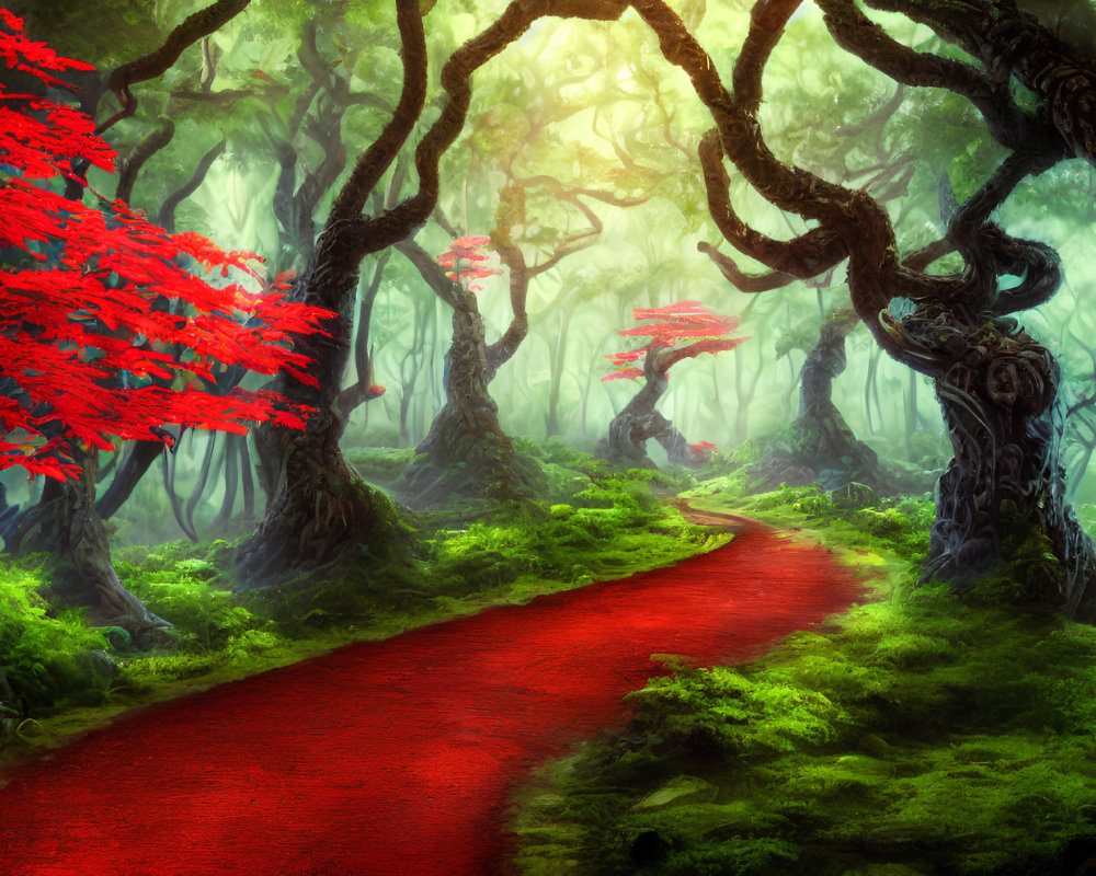 Enchanted forest with twisted trees and red foliage