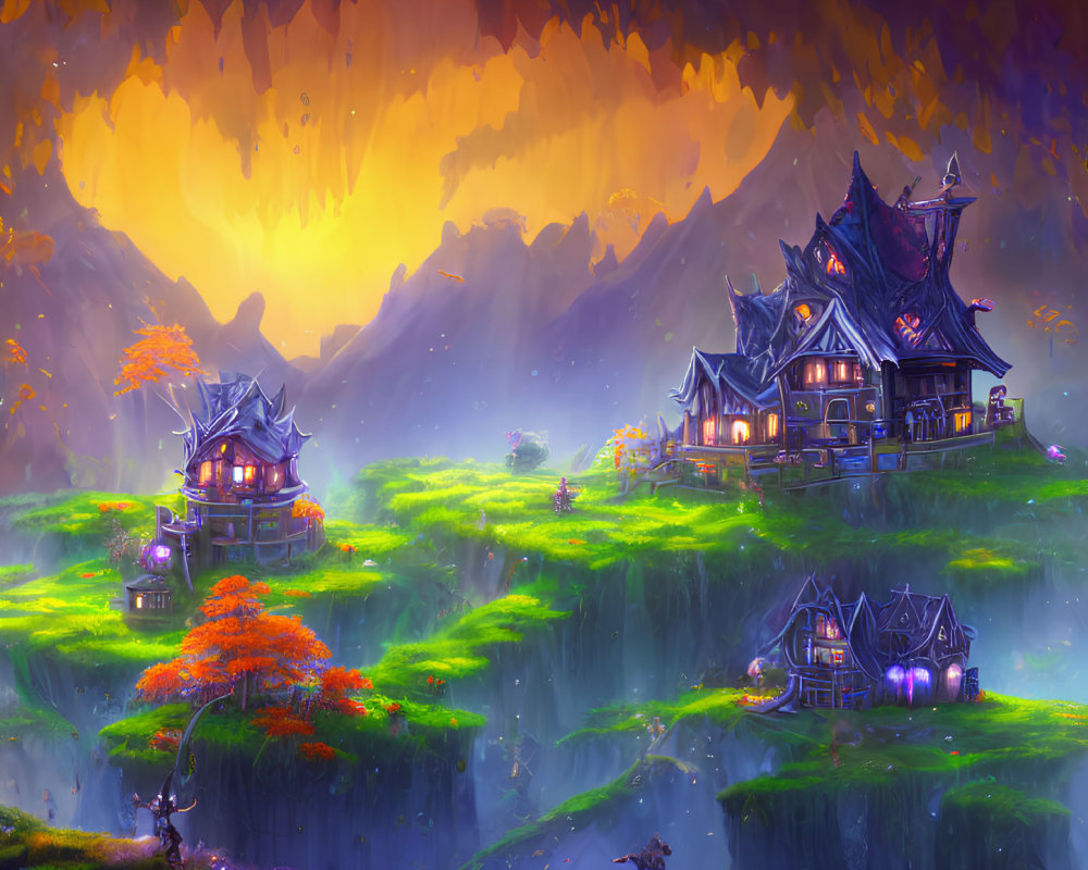 Colorful fantasy landscape with floating islands and traditional houses under orange sky