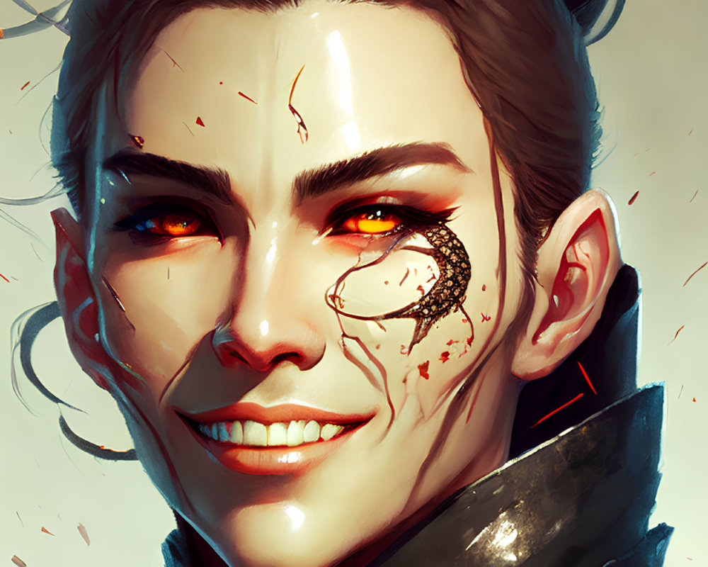 Digital art portrait of person with fiery red eyes, confident smile, and futuristic attire with blood splatter