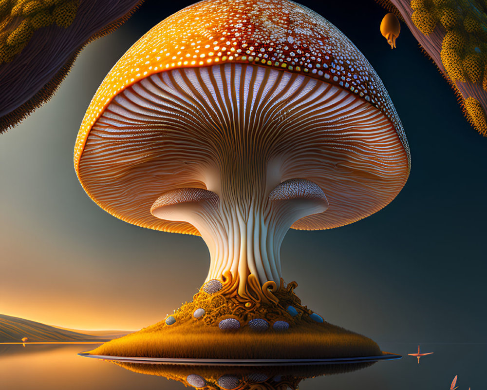 Giant mushroom with intricate patterns against surreal sunset sky