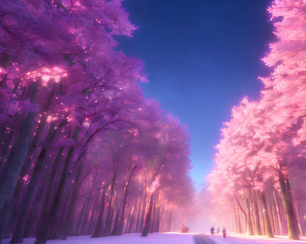 Snowy Landscape with Pink Trees and Figures in Purple Sky