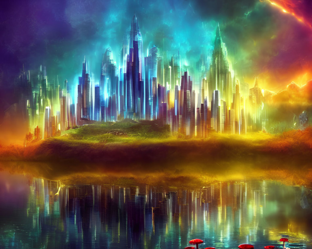 Colorful Cityscape with Towering Spires and Reflective Water