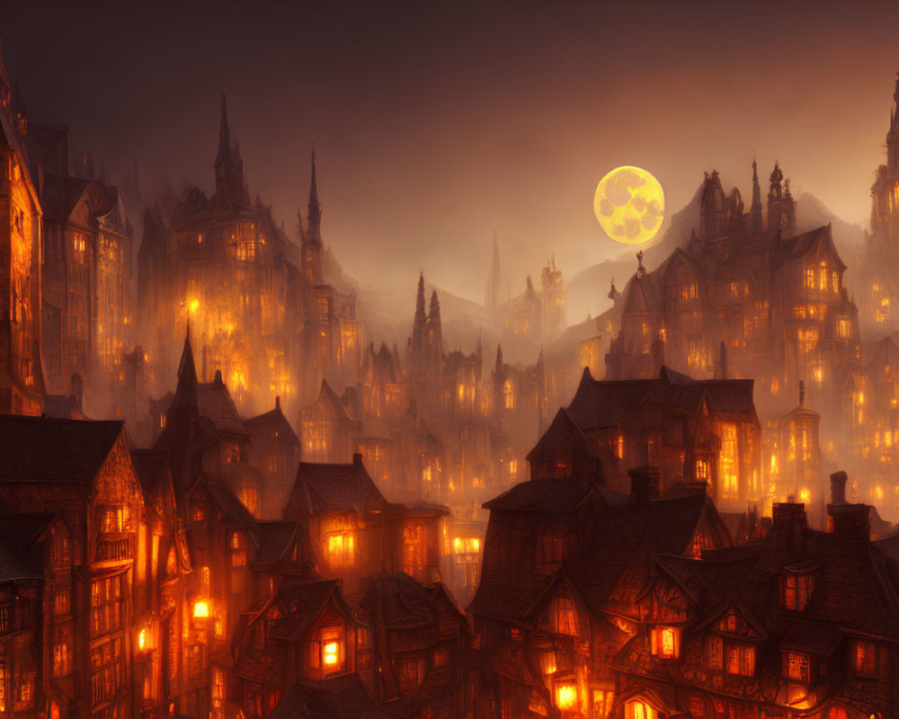 Gothic cityscape at night with illuminated windows and eerie moon