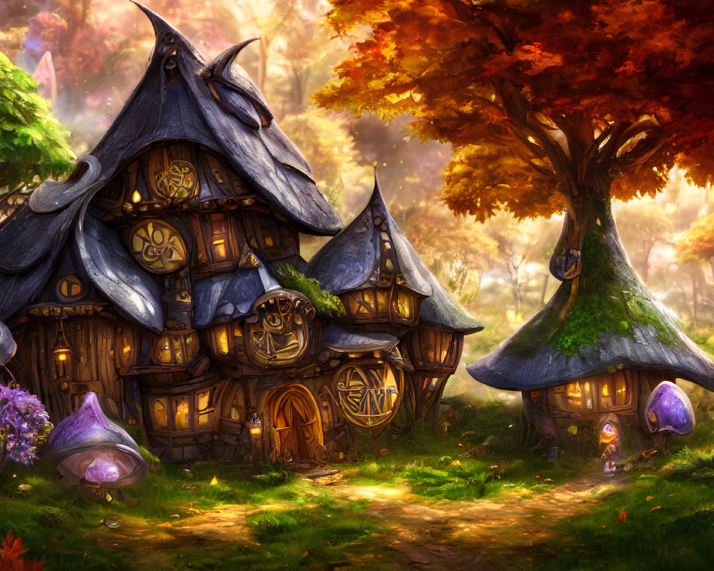 Whimsical mushroom house in vibrant autumn forest