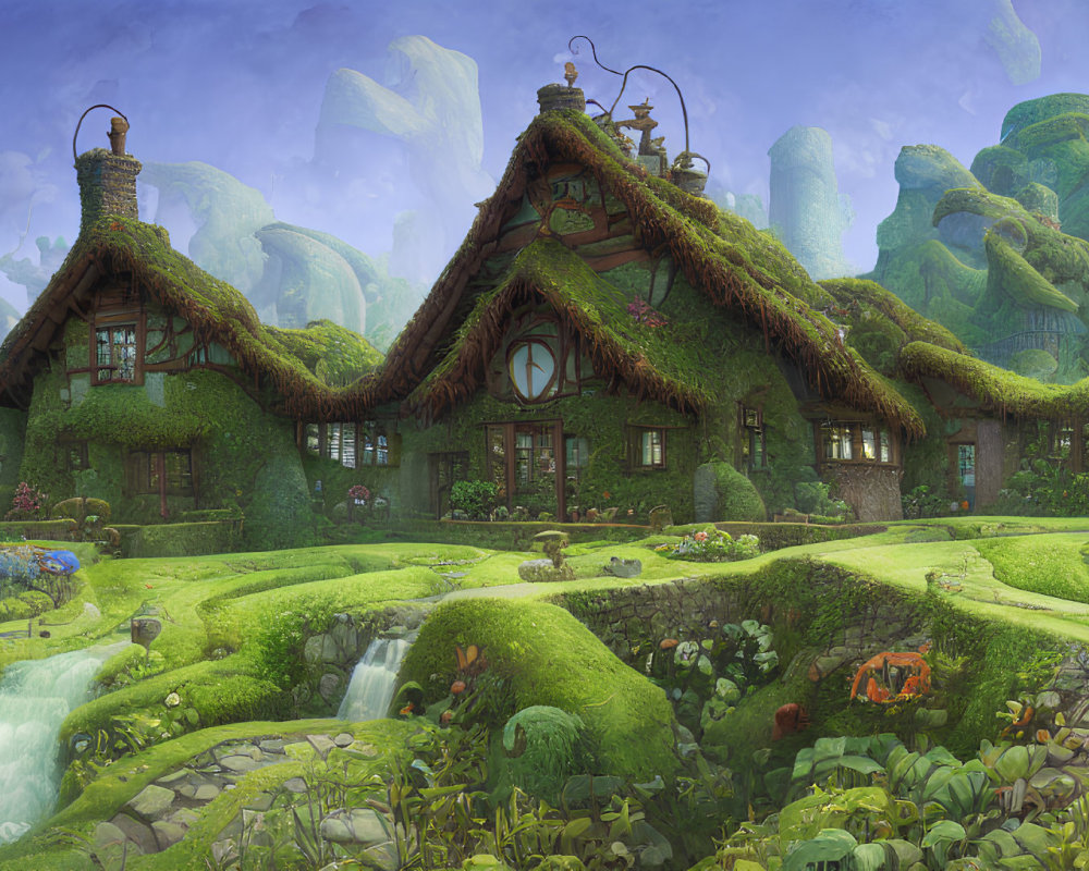 Whimsical fantasy cottage with thatched roof in magical garden