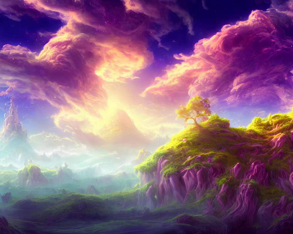 Majestic fantasy landscape with purple clouds, lone tree, waterfalls, and mountain peaks