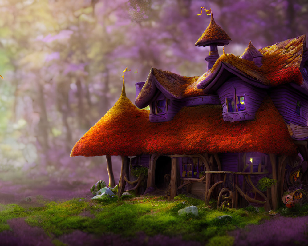 Whimsical woodland cottage among purple trees and lush moss