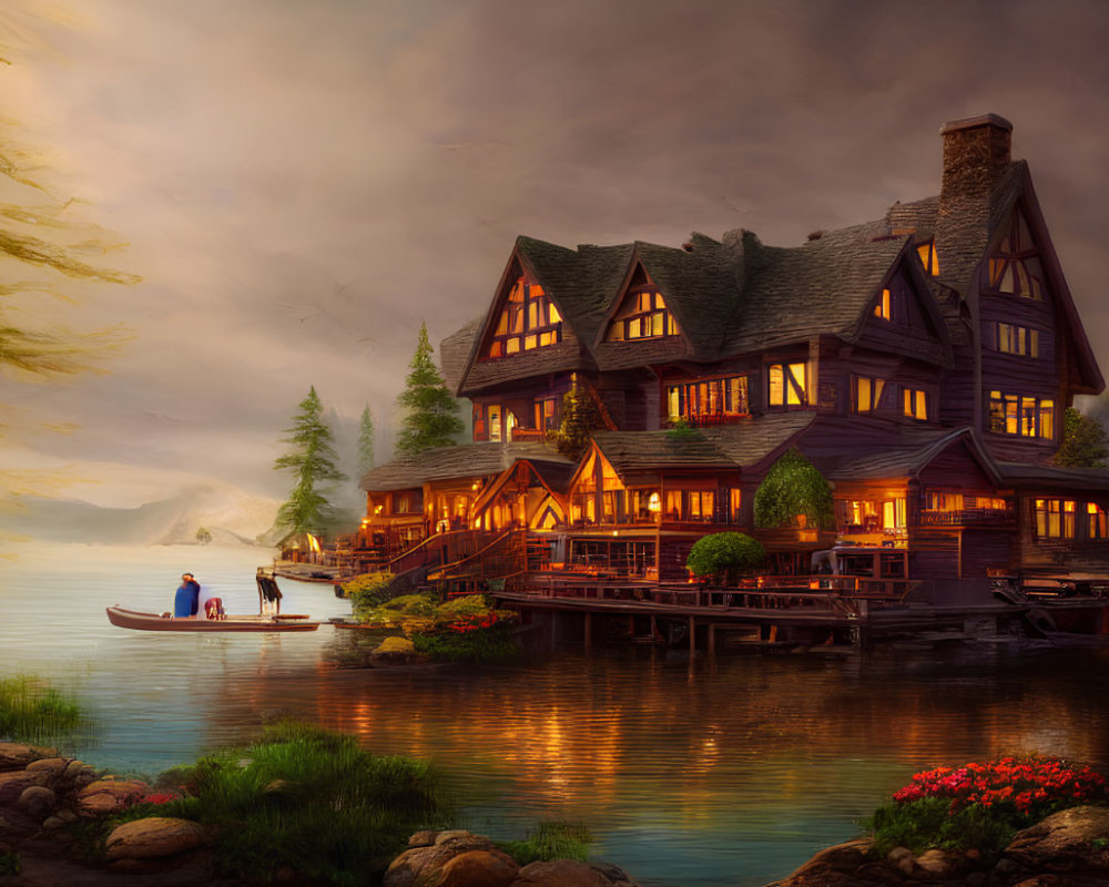 Cozy lakeside house at dusk with illuminated pier and boat on tranquil waters