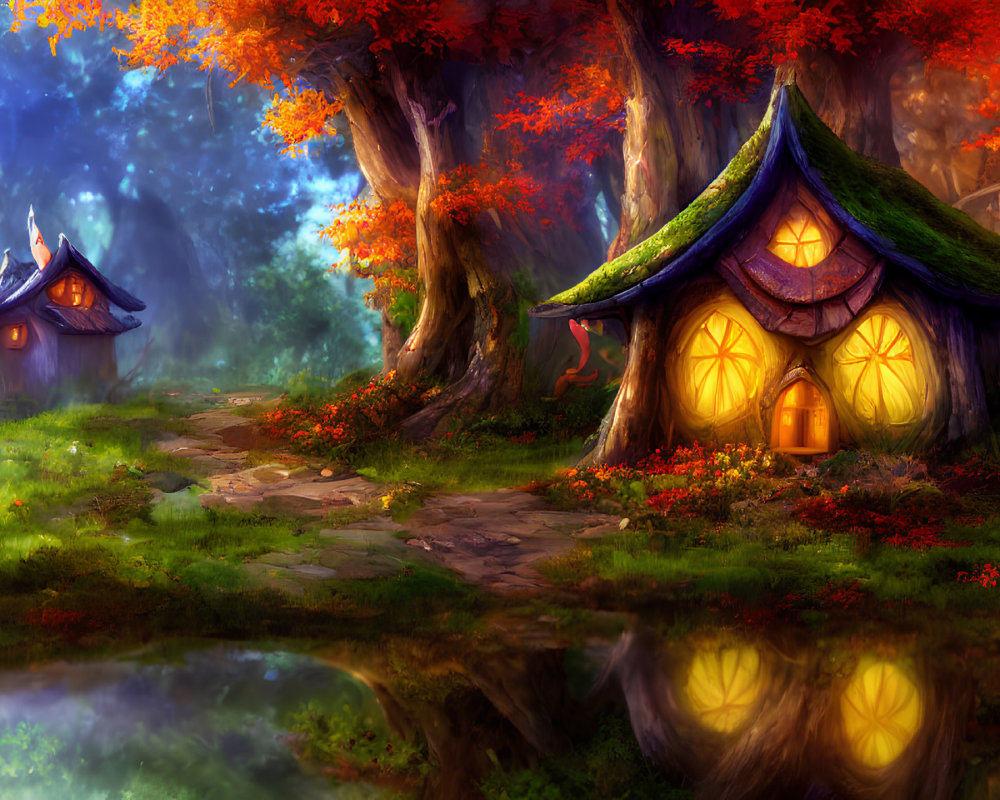 Enchanted forest scene with cottages, autumn trees, cobblestone path, and reflective pond