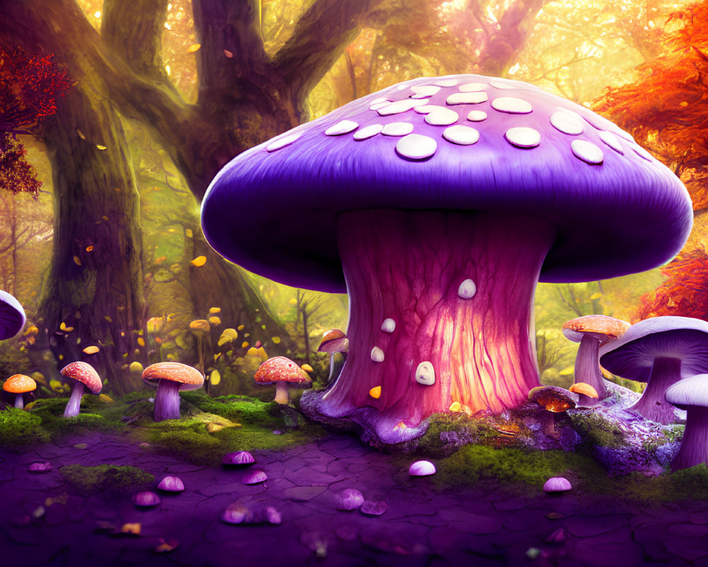 Vibrant purple and pink mushrooms in a fantastical forest scene