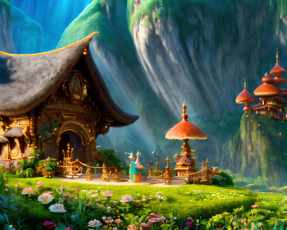 Fantasy landscape with ornate building, waterfalls, character, and lush flora