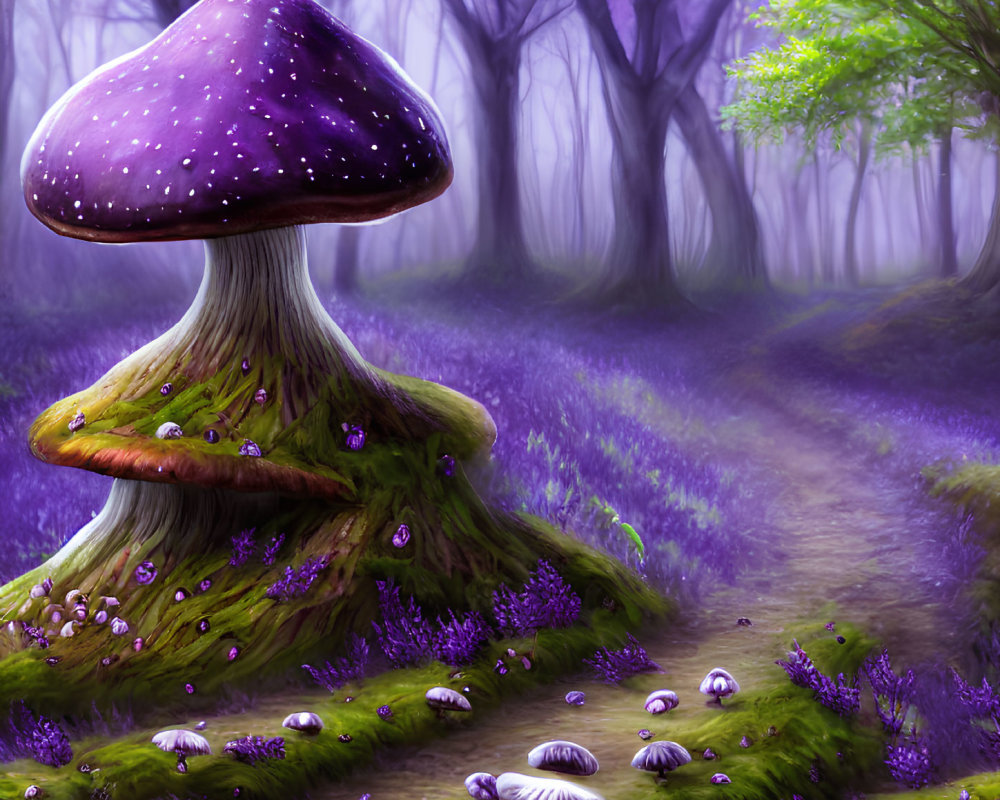 Whimsical purple mushroom in mystical forest with violet flora