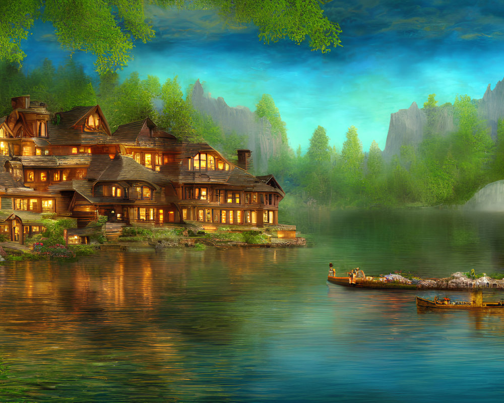 Tranquil landscape: illuminated wooden house by calm lake, lush greenery, mountains, small boat