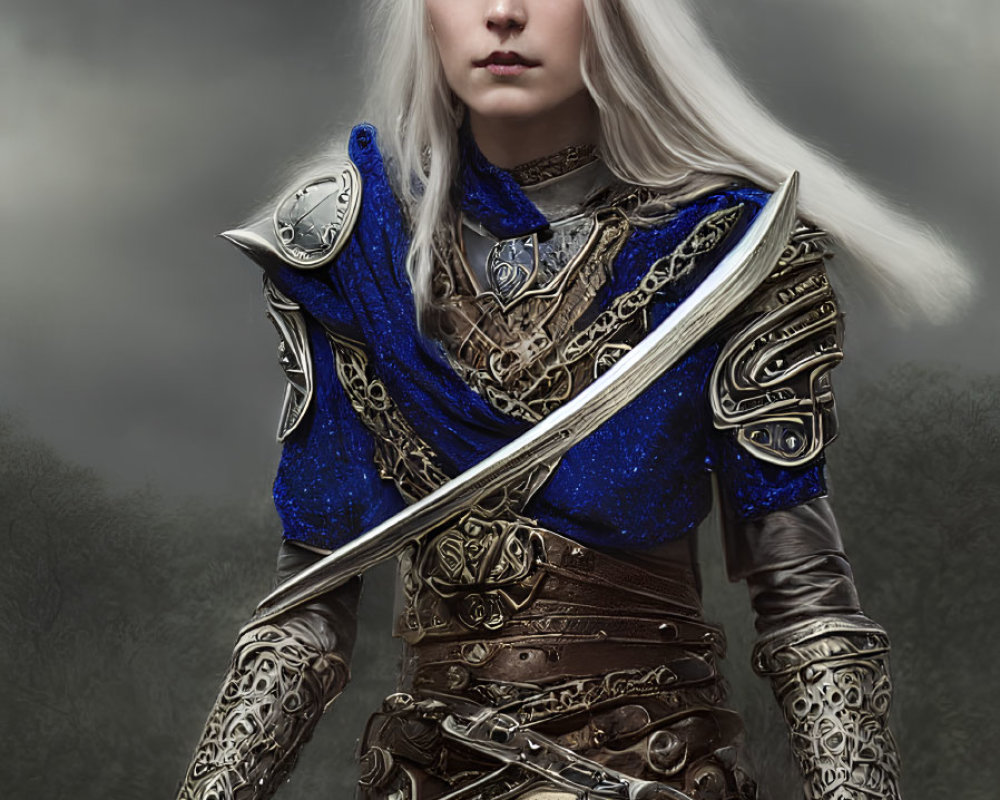 White-Haired Warrior in Silver and Blue Armor Holds Sword against Stormy Background