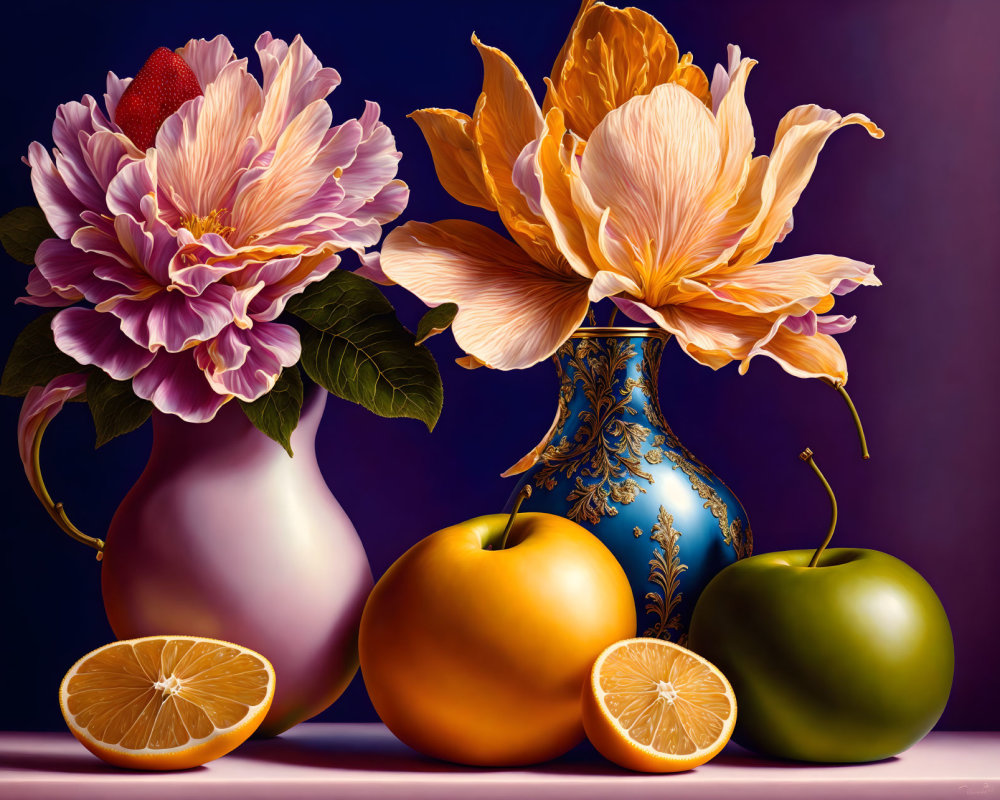 Colorful still life painting with pink peonies, tropical flower, oranges, and apples