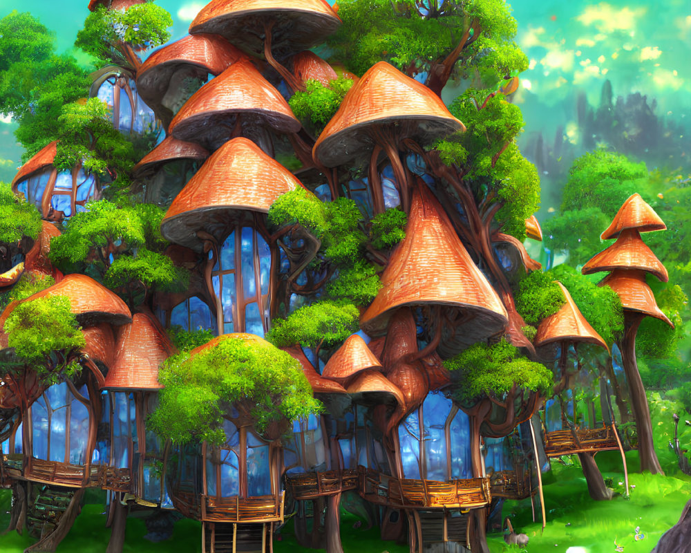 Unique Mushroom-Roofed Treehouses in Lush Greenery