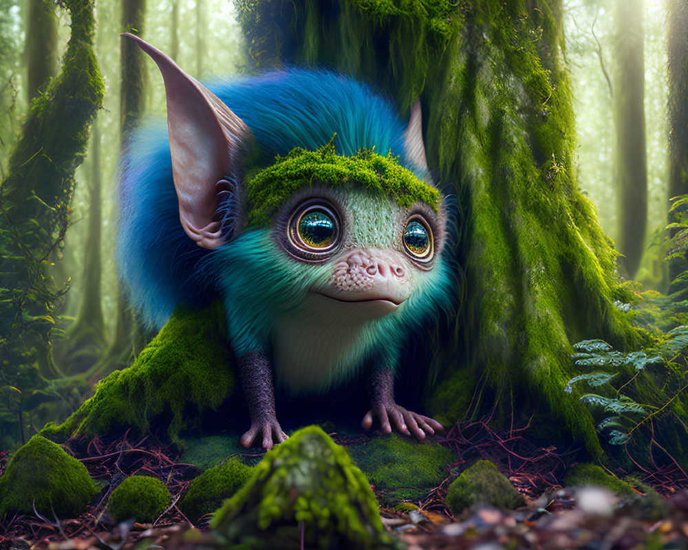 Blue-furred creature with large ears in mossy forest setting