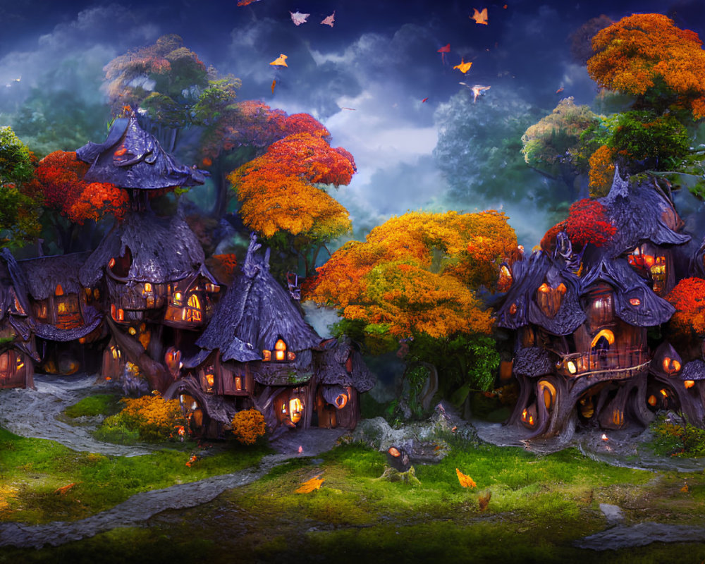 Whimsical mushroom houses in autumnal forest with magical glow