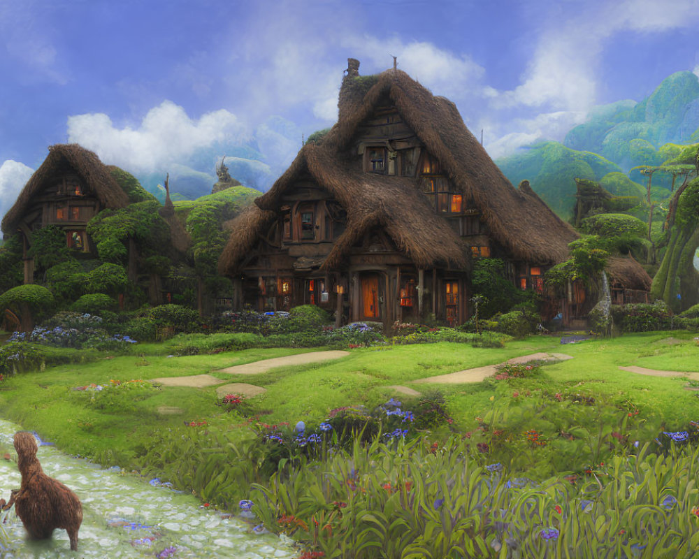 Idyllic village with thatched-roof cottages, lush greenery, mountains, and lone