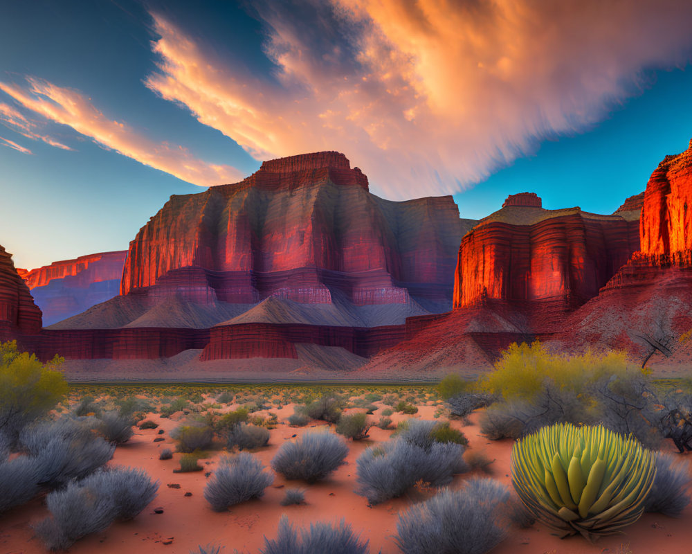 Scenic desert sunset with red rock formations and dramatic sky