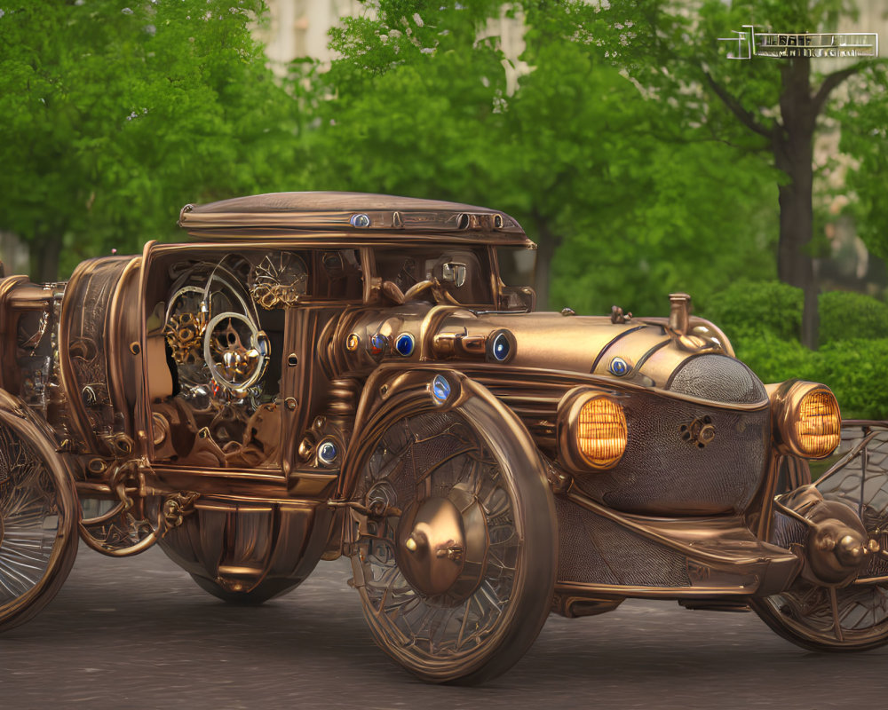 Intricate steampunk vehicle with metallic cogs in scenic setting