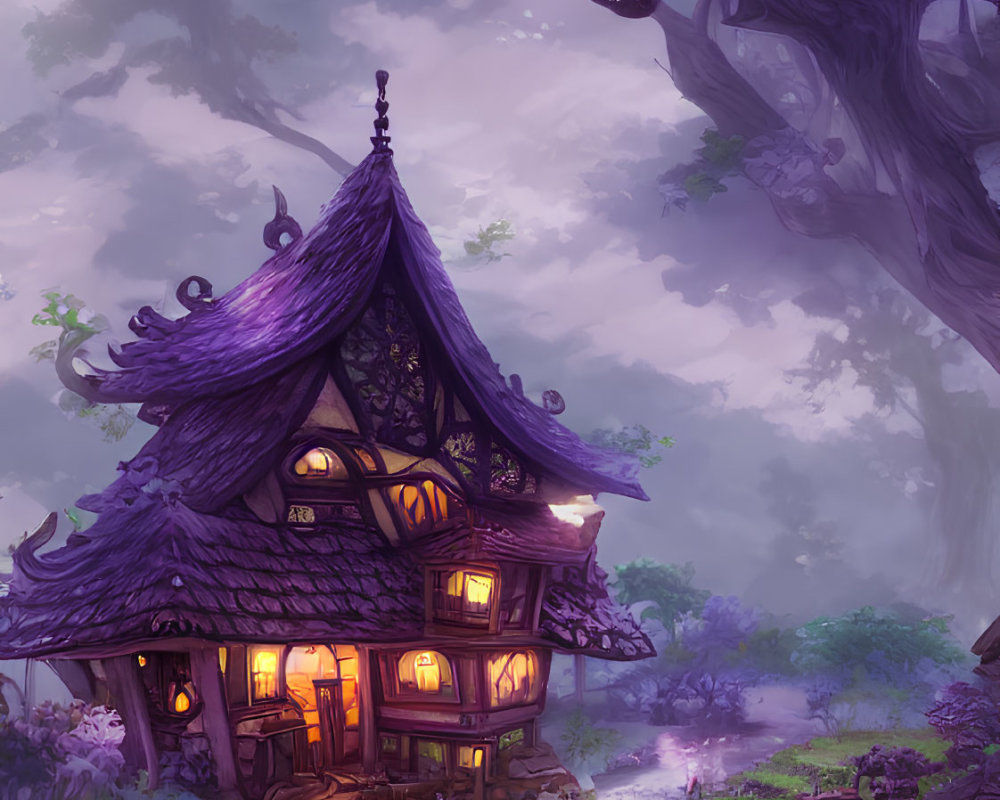 Purple-hued fantasy treehouse by tranquil stream amid mystical flora