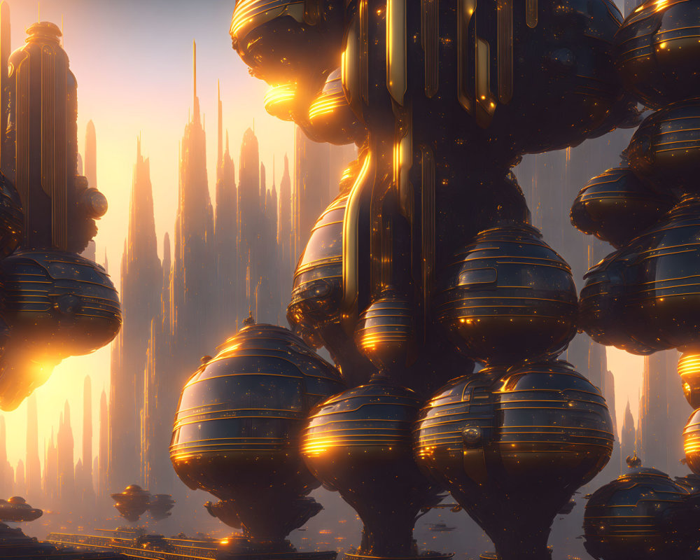 Golden sunlight illuminates futuristic cityscape with sleek skyscrapers and bulbous structures