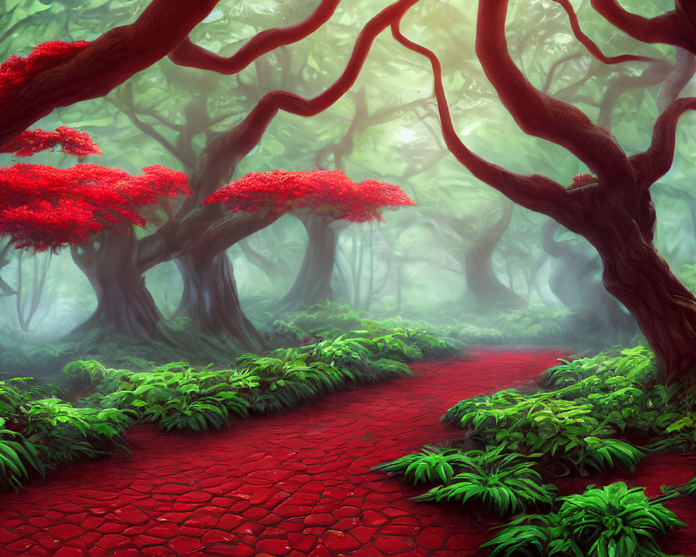 Vibrant red-leaved trees arch over cobblestone path in lush forest