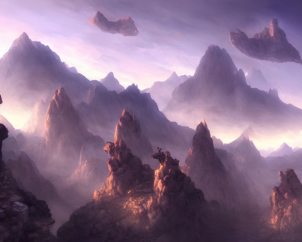 Fantasy landscape with floating islands and purple mountains at sunrise.