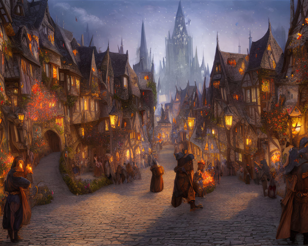 Medieval village with cobblestone streets, townsfolk, and castle in foggy twilight