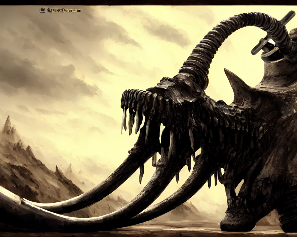 Sepia-Toned Digital Artwork: Monstrous Skeletal Creature with Tusks and Horns