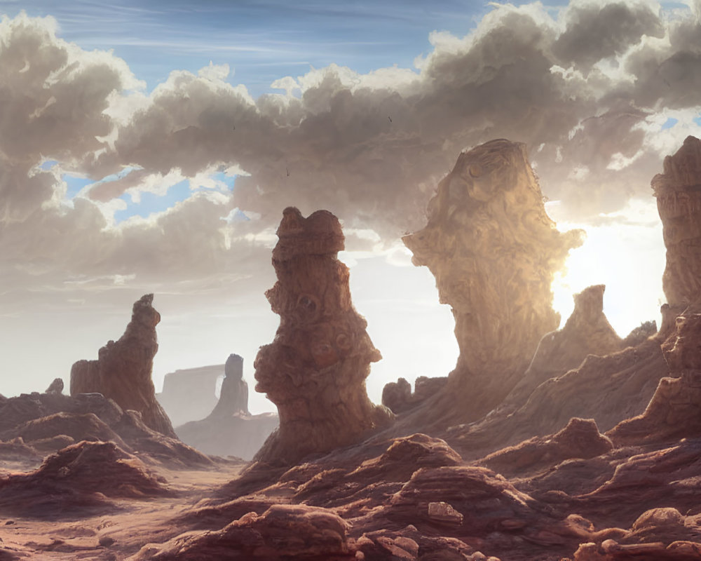 Panoramic desert landscape with towering rock formations under dramatic cloudy sky