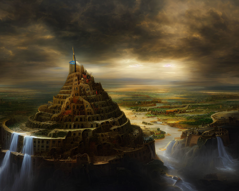 Fantastical landscape with towering ziggurat, waterfalls, and dramatic sunset skies