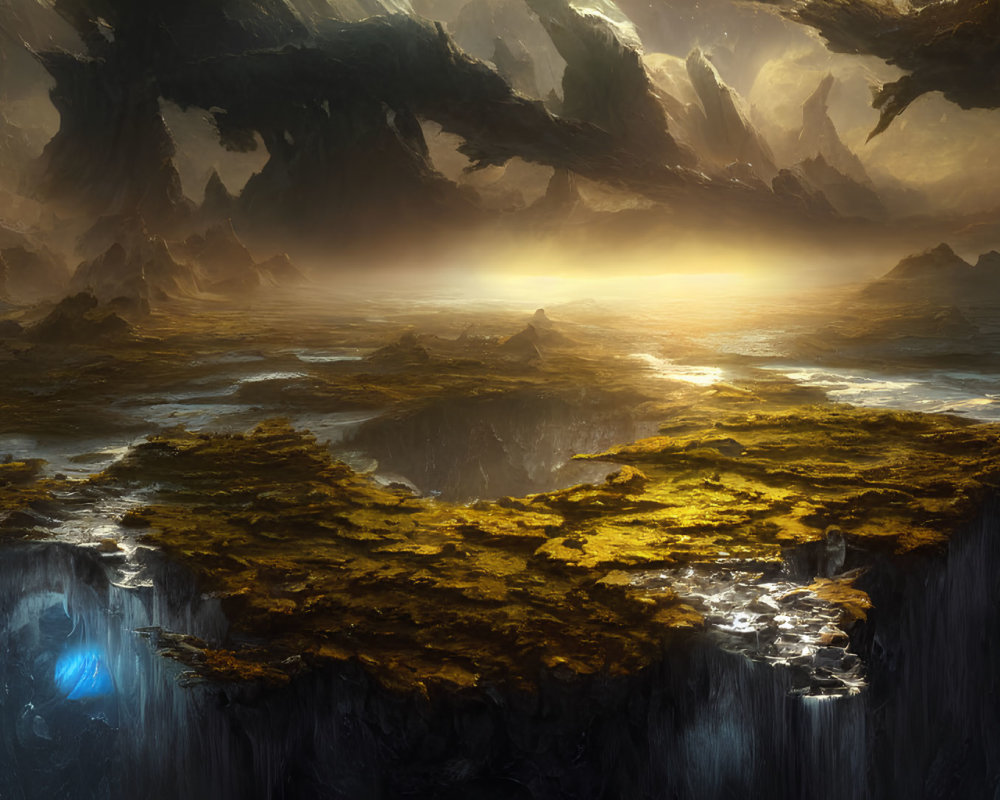 Mystical landscape with towering rock formations and glowing sun over misty waterfalls.