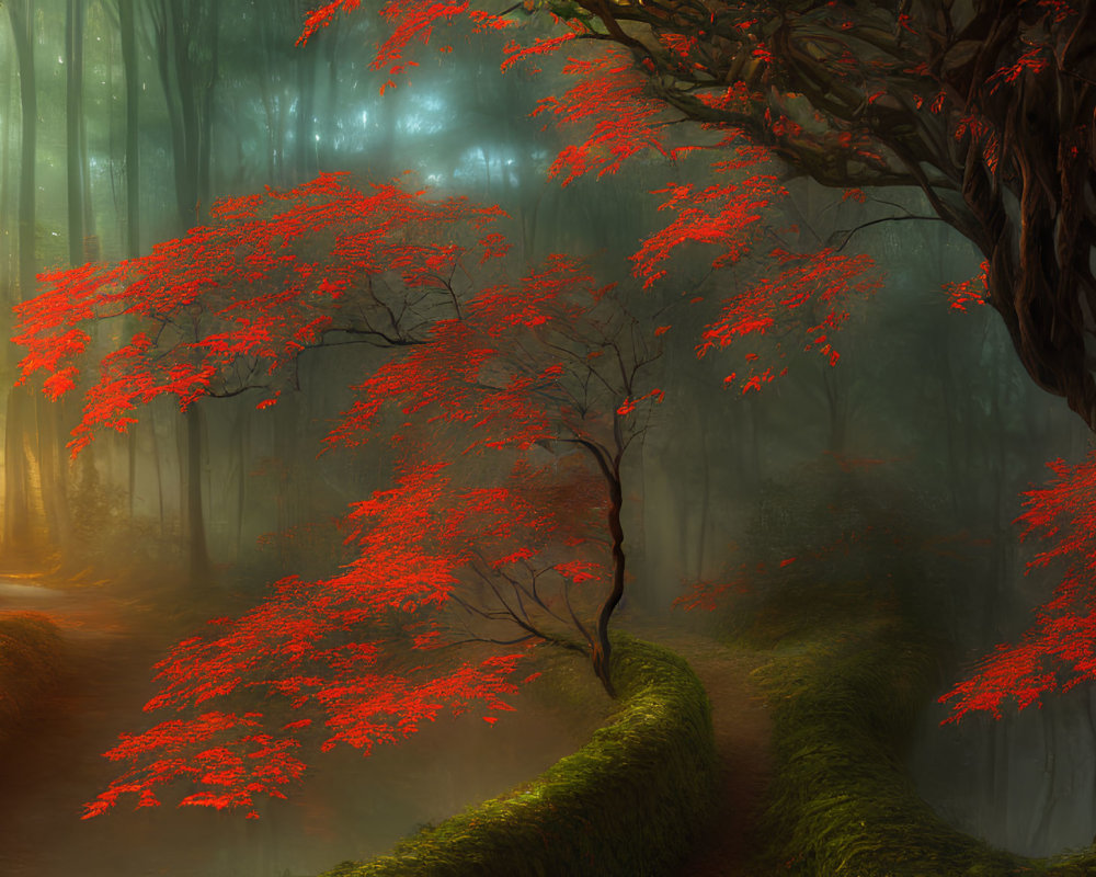 Tranquil Forest Path with Red Trees and Misty Atmosphere