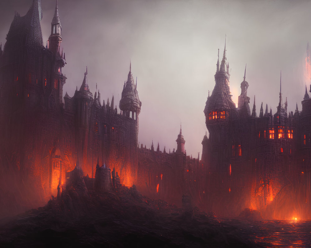 Gothic-style castles in dark, foreboding landscape with lava rivers