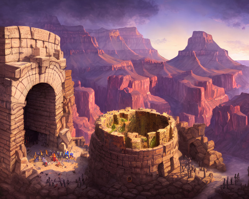 Fantasy landscape with stone archway, circular ruin, canyon cliffs, and purple sky