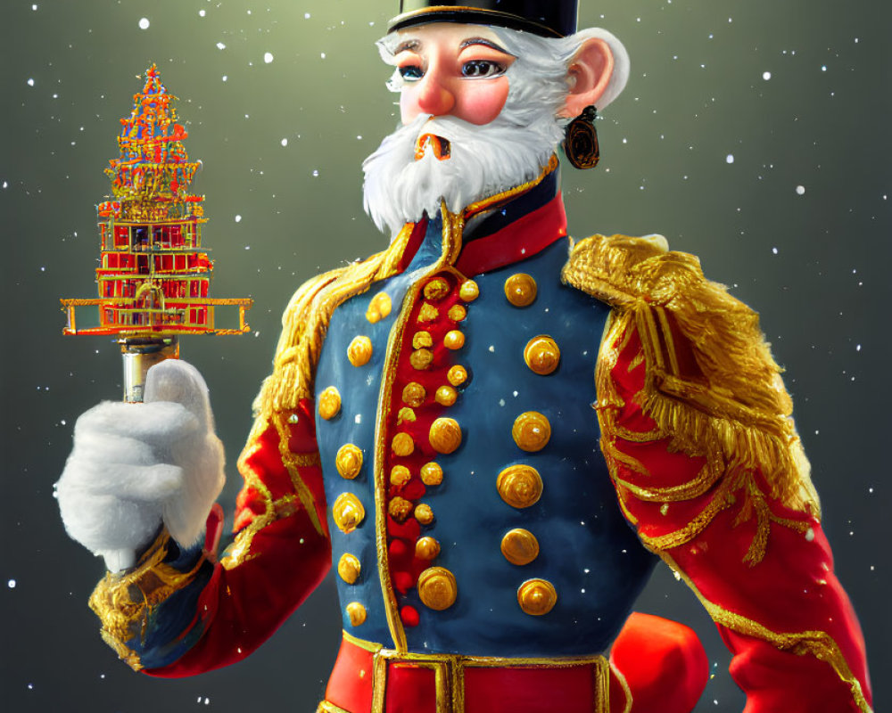 Nutcracker Figure with White Beard Holding Christmas Tree in Red Uniform