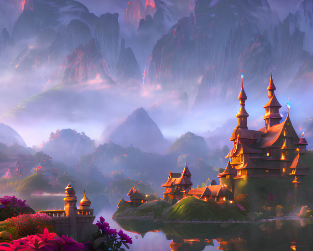 Tranquil fantasy landscape with pagoda near reflective lake & mountains at dawn or dusk