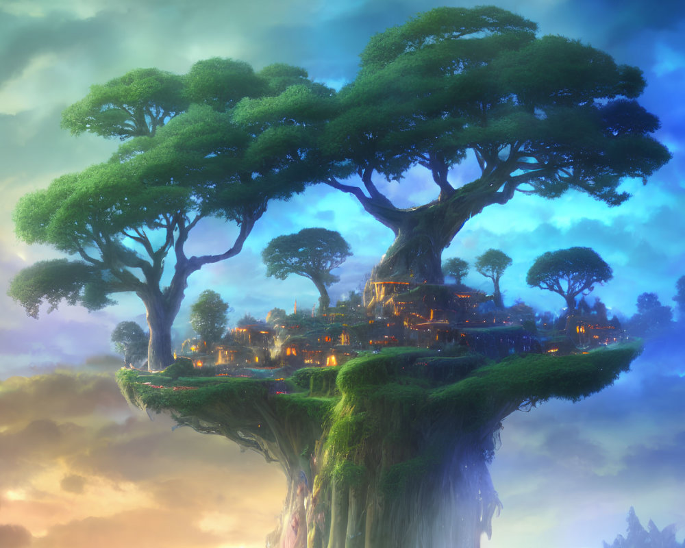 Fantastical floating island with giant tree and village at sunset