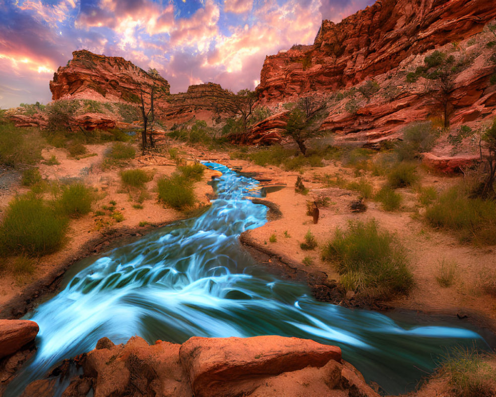 Colorful desert landscape with blue river, red cliffs, and sparse vegetation at sunset