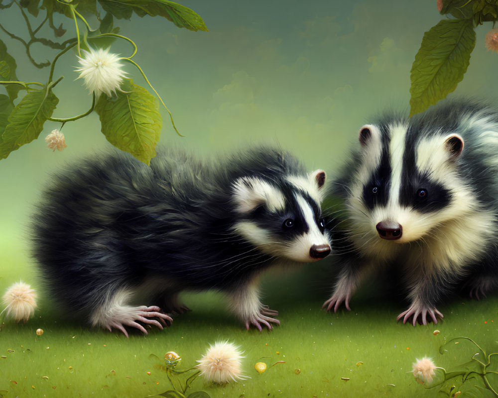 Realistic skunks in nature setting with flowers and soft focus background