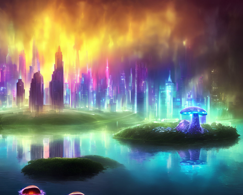 Vibrant neon-lit futuristic cityscape with glowing river & illuminated mushrooms